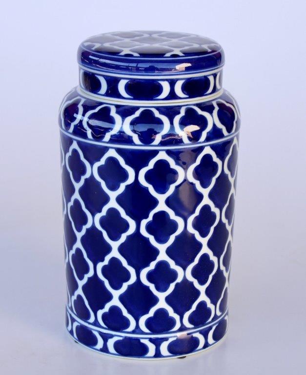 Large Geo Blue & White Jar With Lid